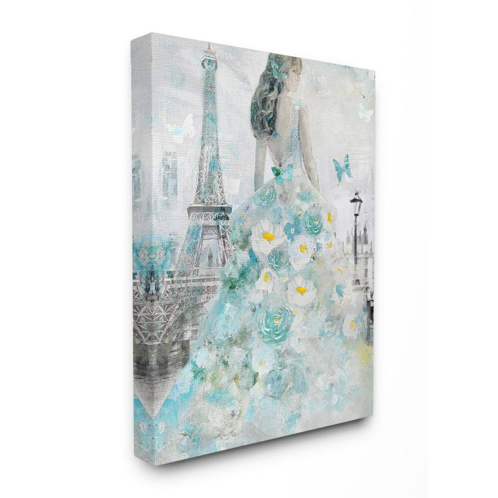 The Stupell Home Decor Collection Parisian Woman with Butterfly and Blue Floral Dress Painting Oversized Stretched Canvas Wall Art, 24 x 1.5 x 30