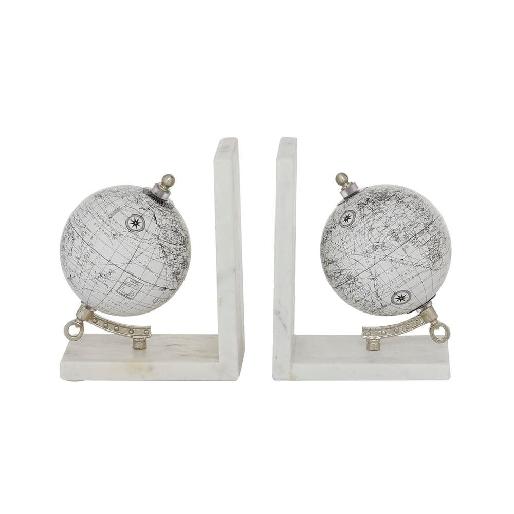 Deco 79 Marble Globe Decorative Bookends Non Skid Bookends with Silver Metal Accents, Set of 2 Office Bookends5"W, 7"H, White