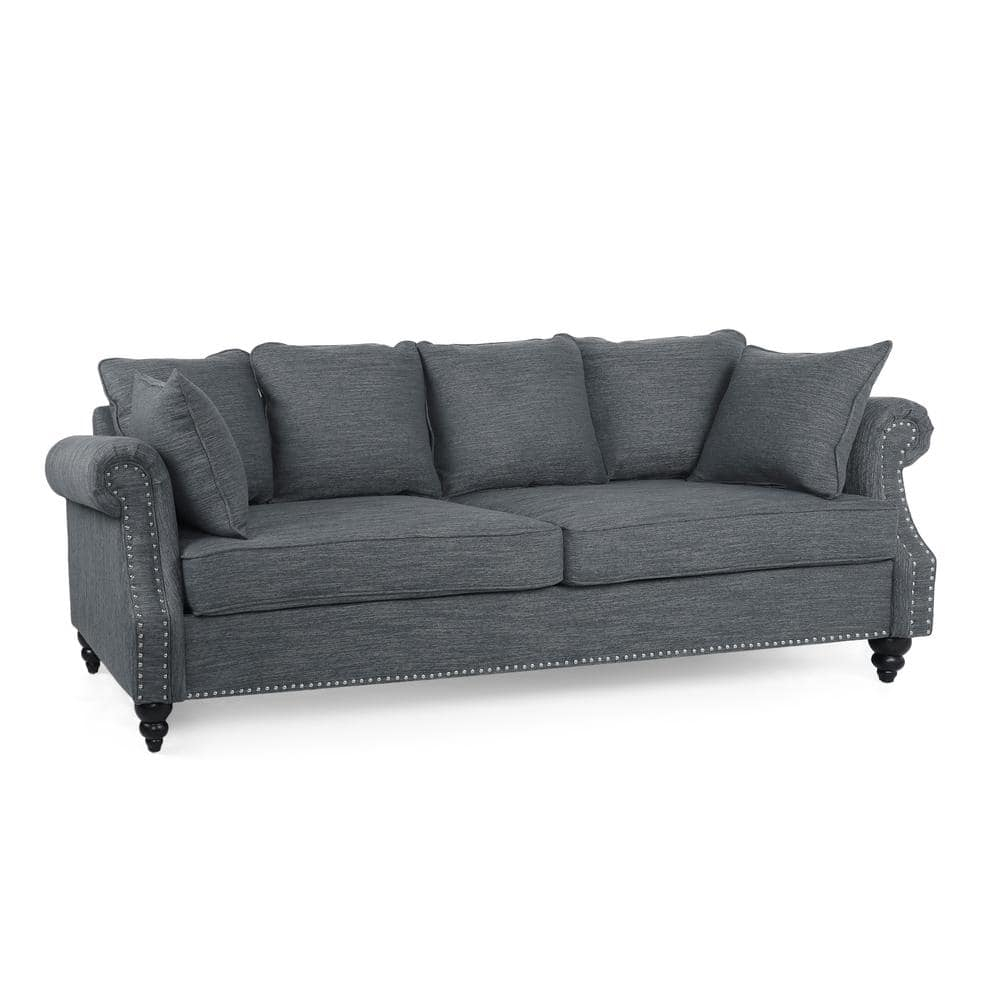Noble House Viewland Fabric Pillowback 3 Seater Sofa with Nailhead Trim, Charcoal and Dark Brown