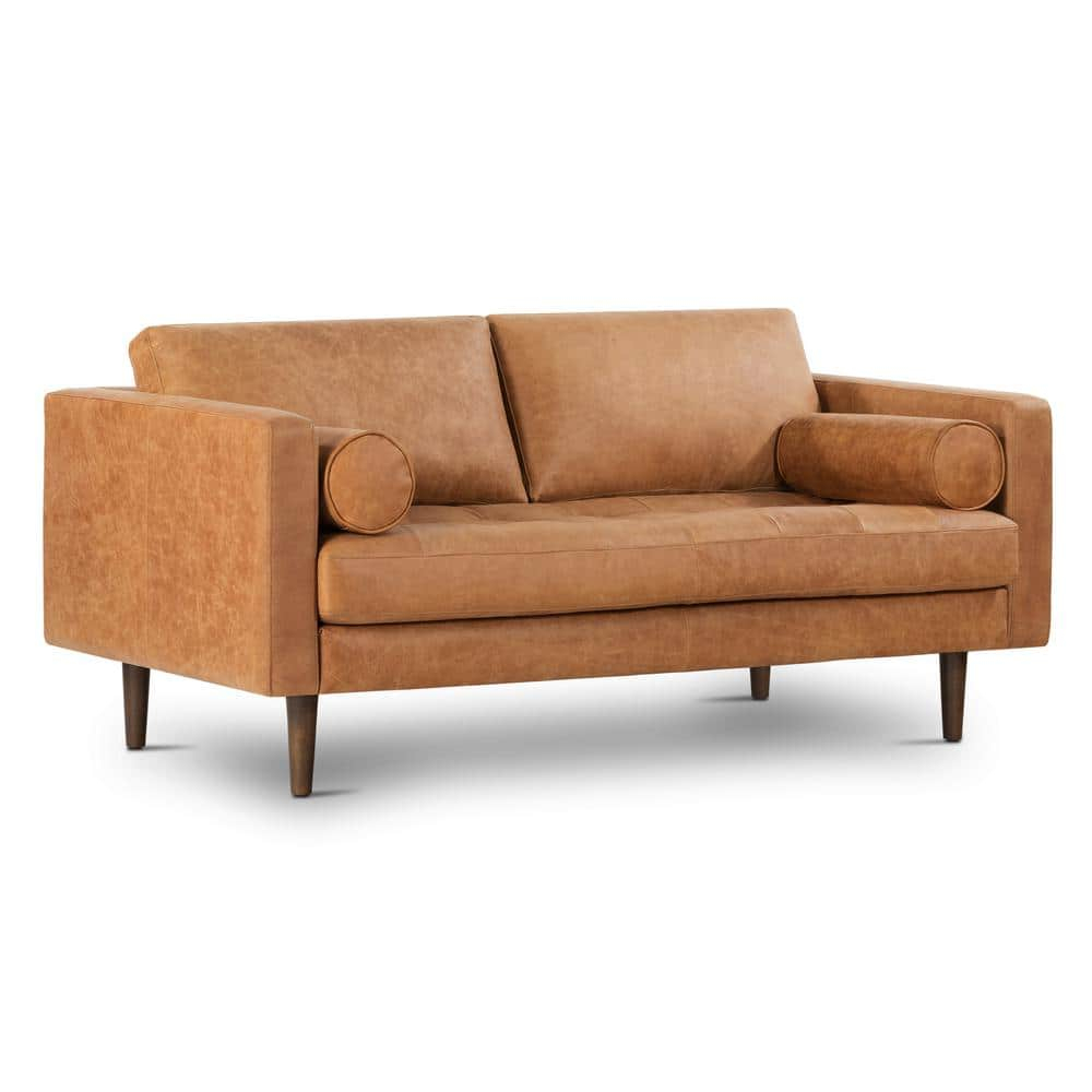Cognac Tan Tufted Leather Lawson Sofa with Wood Legs