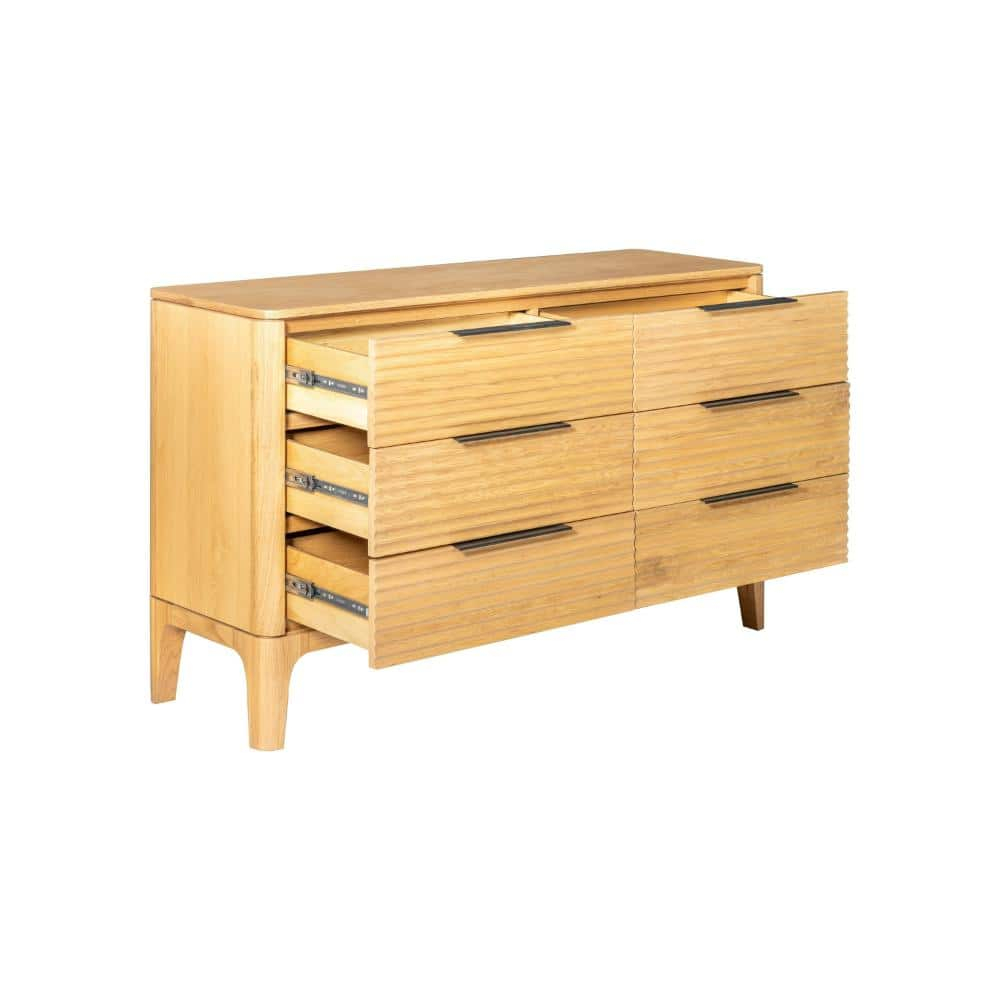 Benjara Cid Jima 59 Inch Dresser, 6 Drawers, Solid Wood in Natural Oak Finish