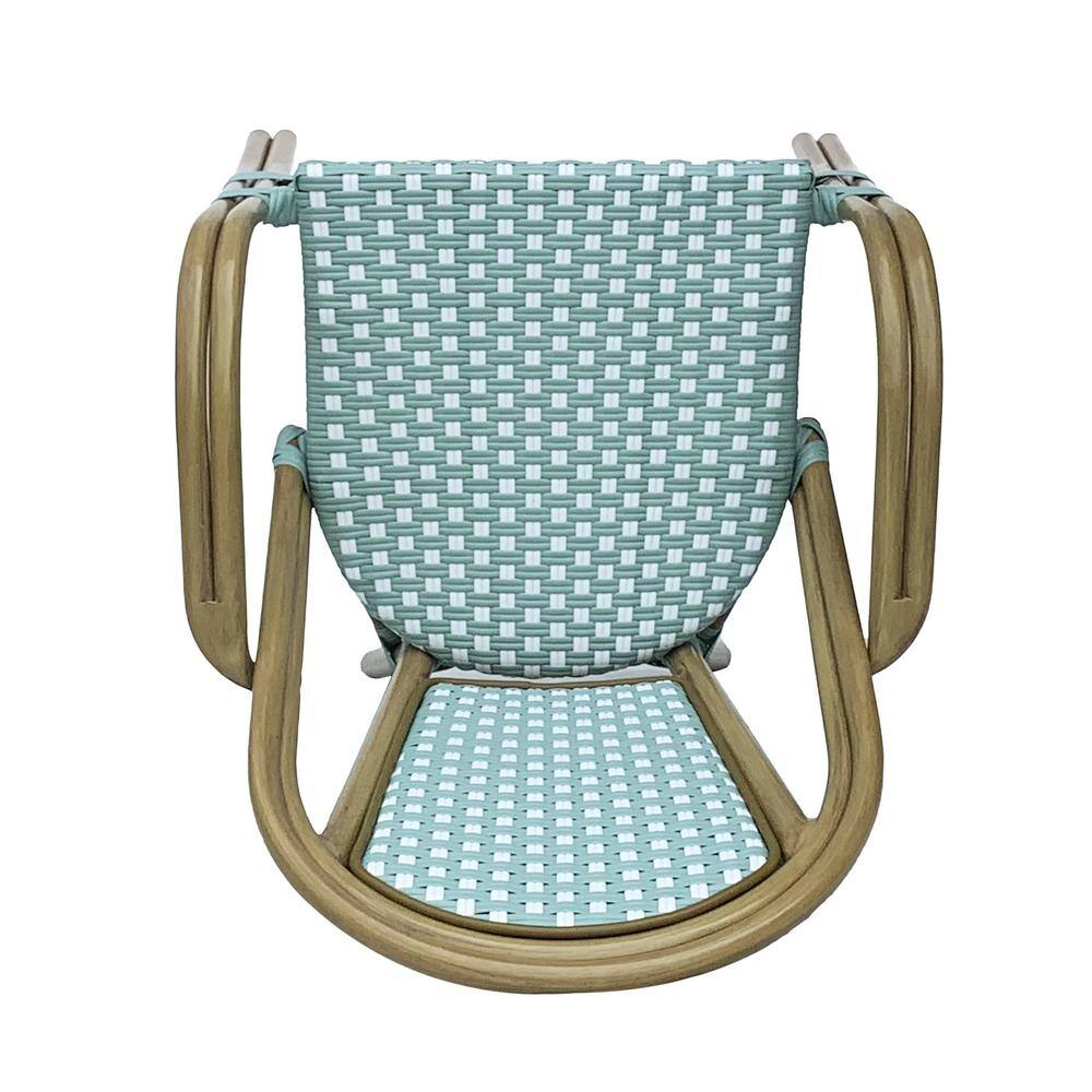 Cecil Aluminum and Wicker Outdoor French Bistro Chairs, Set of 2, Light Teal, White, and Wood Print