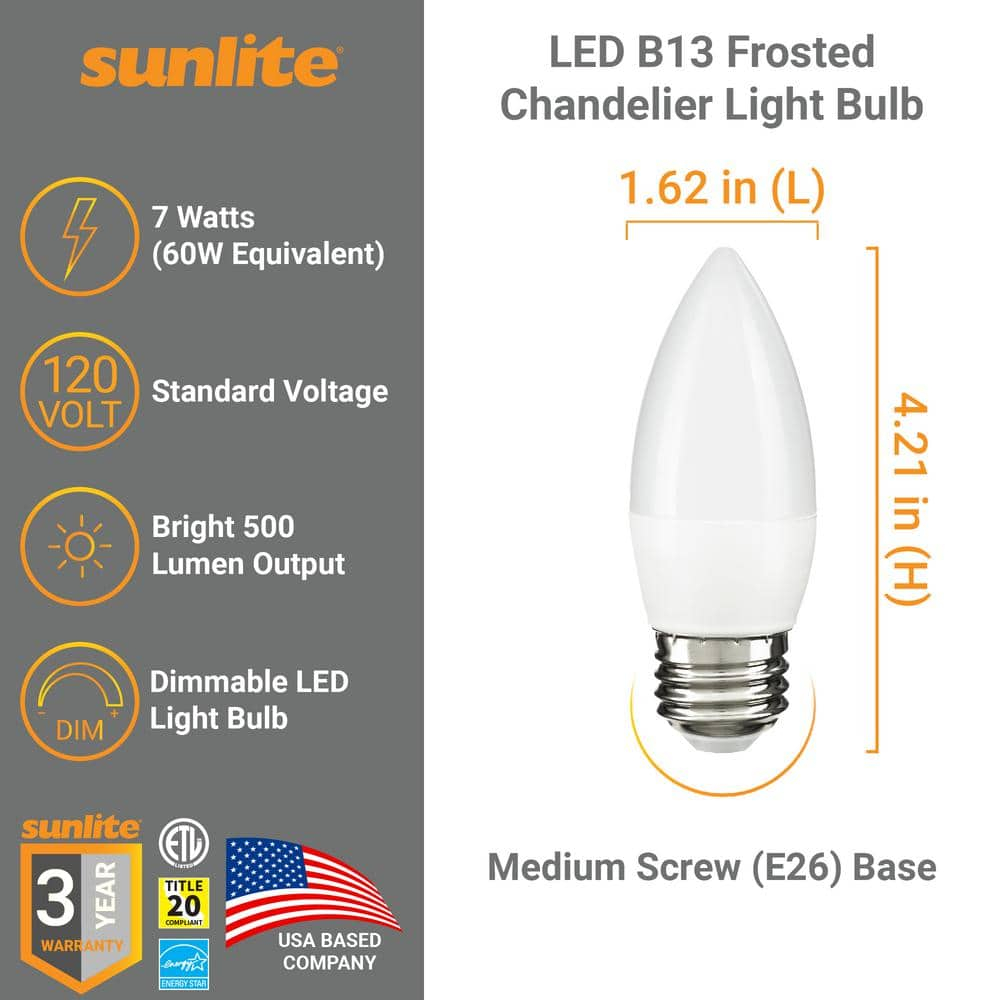 Sunlite LED B13 Decorative Chandelier Light Bulb, 7 Watts (60W=), 500 Lumens, 120 Volts, Dimmable, E26 Base,  90 CRI, ETL Listed, Torpedo Frosted, Title-20, 4000K Cool White, 6 Pack