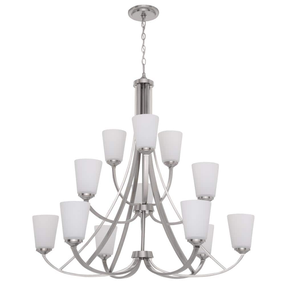 Contemporary Elegance Brushed Nickel 12-Light Chandelier with Etched White Glass