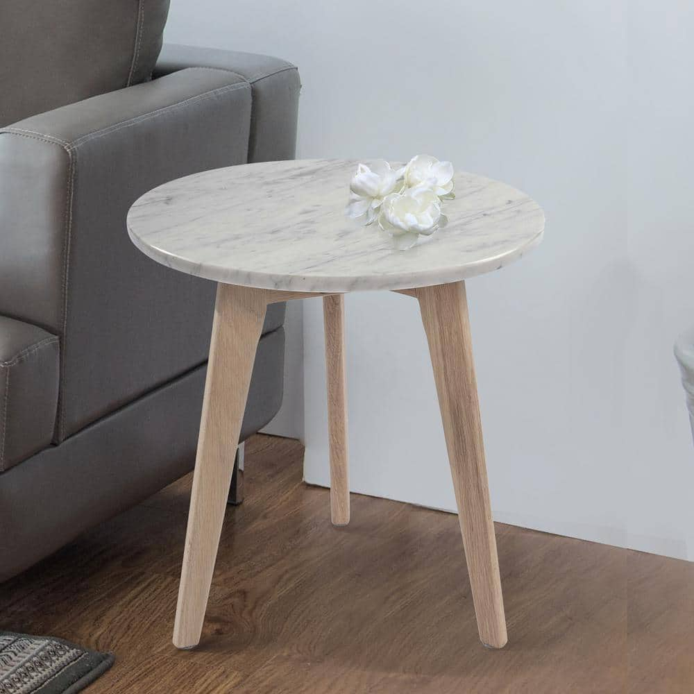 15 in. Cherie Round Italian Carrara White Marble Table with Oak Legs