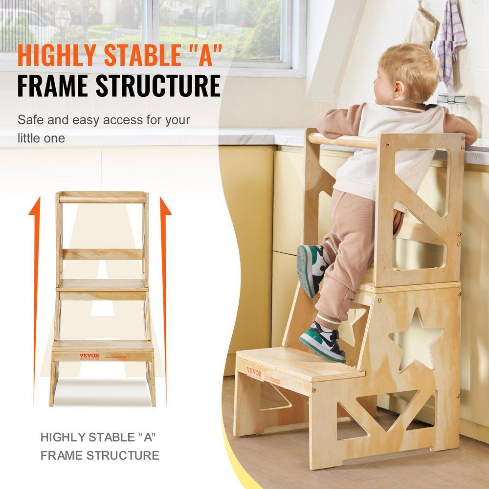 Toddler Step Stool 150lbs. Load Natural Pine Wood Toddler Stool Helper with Safety Rail for Bedroom Bathroom Kitchen Kid