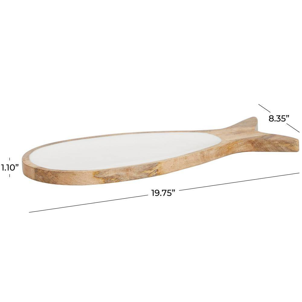 Brown Mango Wood Fish Decorative Tray with White Enameled Interior