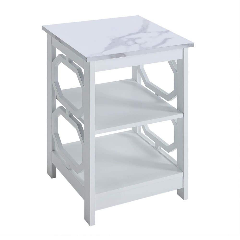 Convenience Concepts Omega End Table with Shelves, White Faux Marble/White