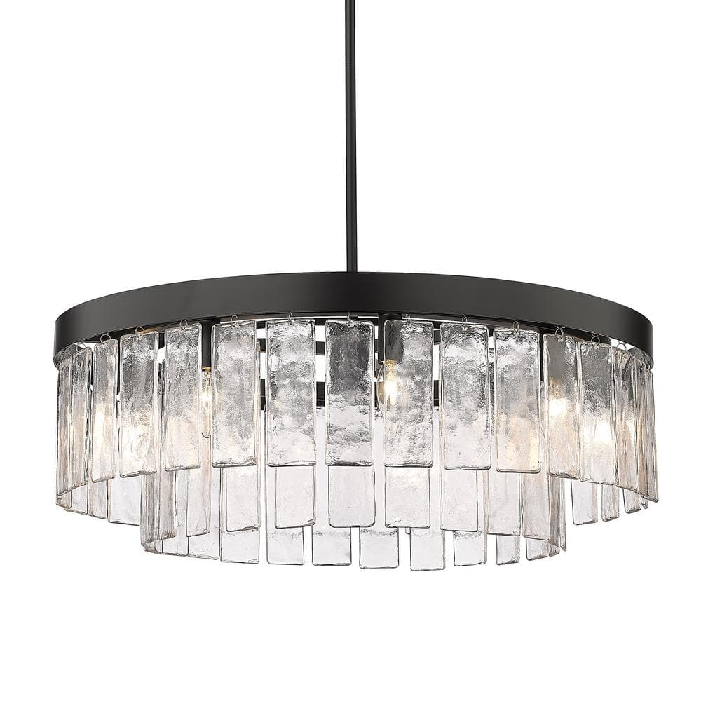 Golden Lighting Ciara 9-Light Chandelier in Matte Black with Hammered Water Glass