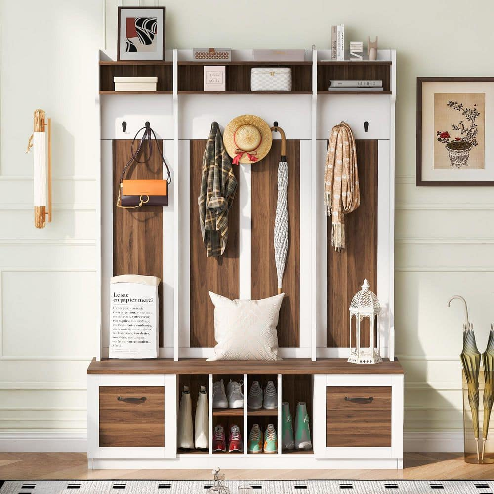 3 in 1 Hall Tree Coat Hanger Entryway Bench with 6 Hooks & Adjustable Shelves, Solid Wood Hallway Organizer with Storage Compartment for Hallway Living Room Mudroom, Brown