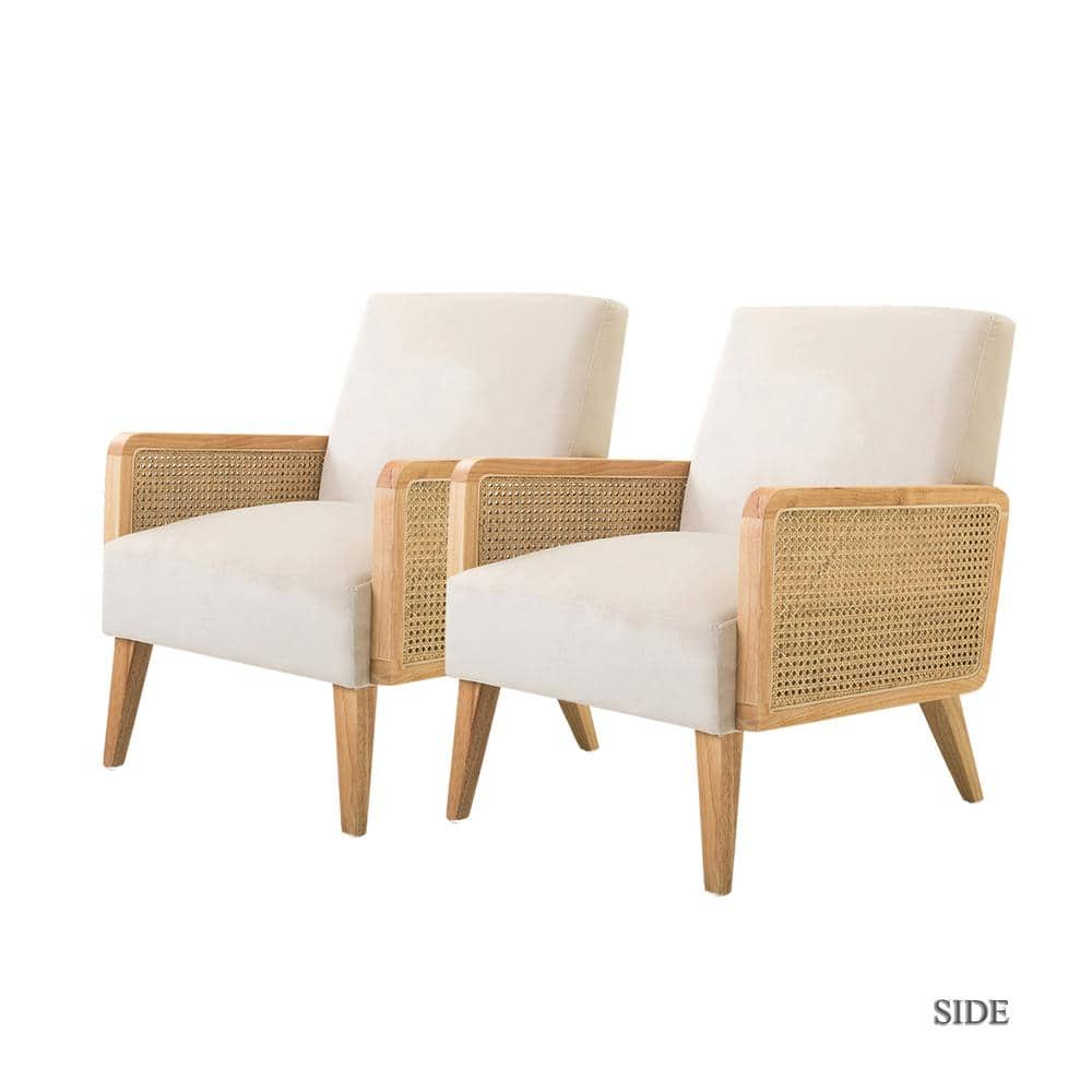 Midcentury Accent Chair Set of 2 Rattan Armrests Fabric Upholstered Wooden Reading Armchair Living Bedroom Beige
