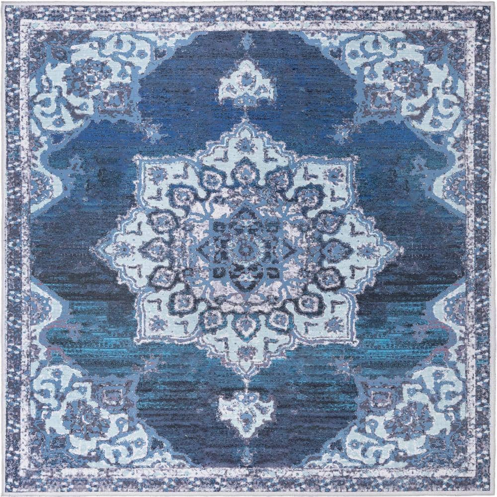 Navy Blue Medallion Synthetic Washable Square Rug
