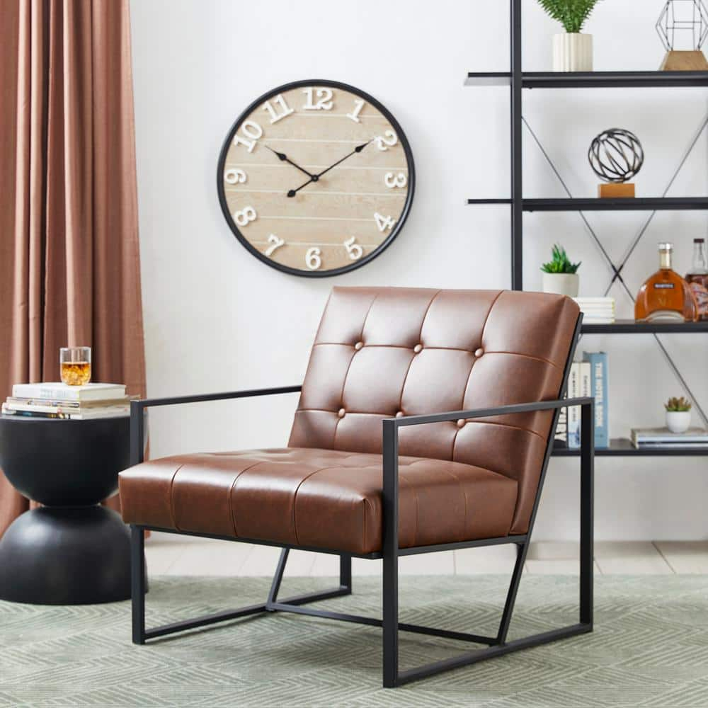 Modern Distressed Brown Faux Leather Button-Tufted Accent Chair
