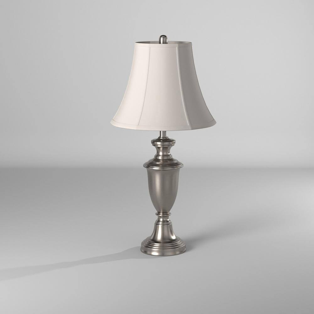 Table Lamp - Brushed Steel Finish - White Softback Silk Fabric Shade - Set of 2