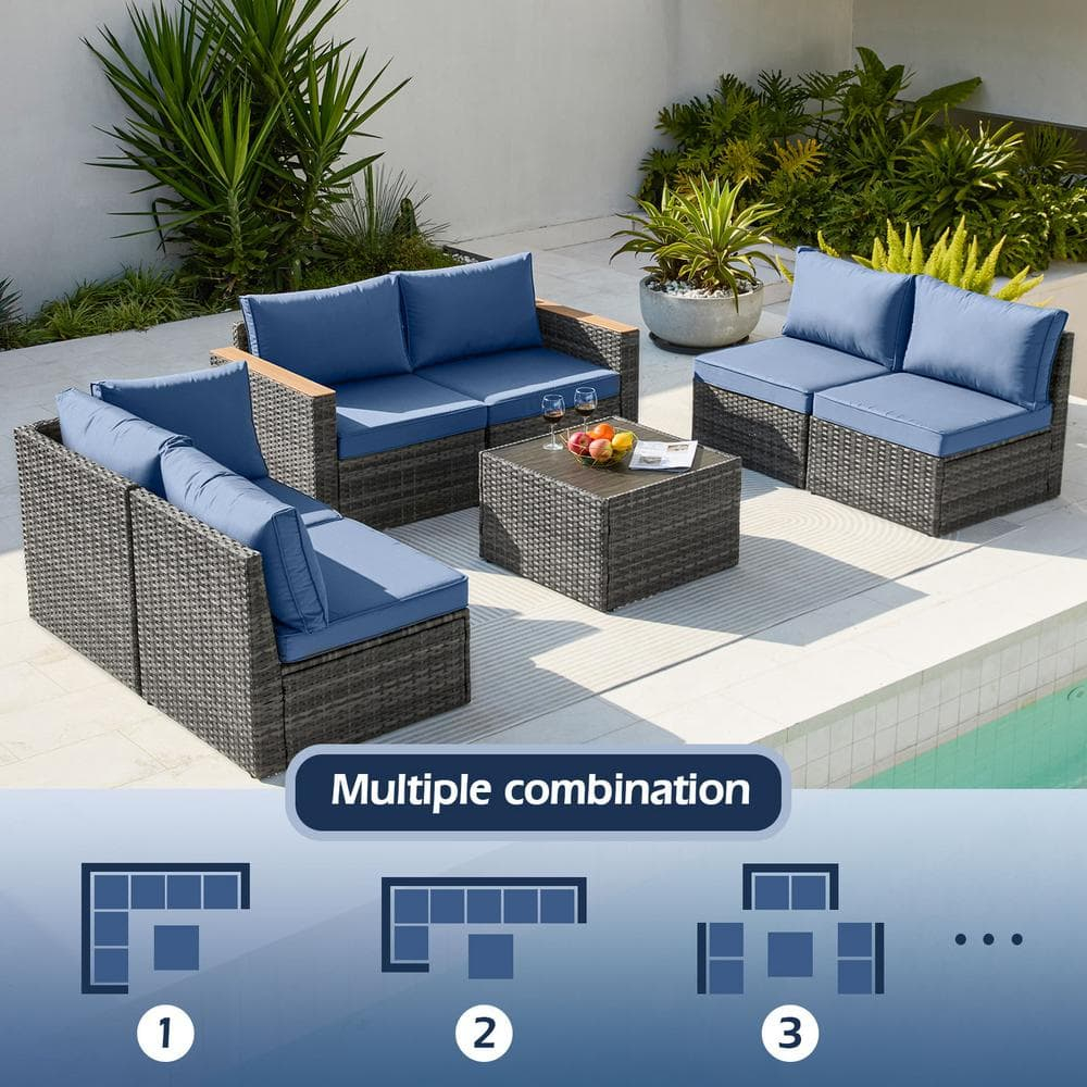 Decksplore 7 Piece Outdoor Furniture Set, 7 Pieces Outdoor Rattan Sectional Sofa Set with Glass Table and Cushions, Wicker Patio Conversation Set for Outdoor Indoor Backyard Lawn Garden Porch Blue