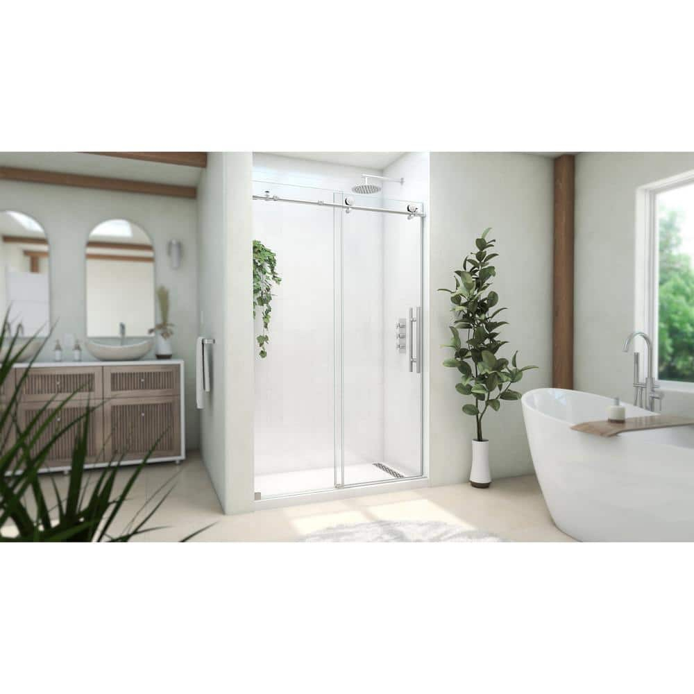 Clear Sliding Frameless Shower Door with Brushed Stainless Steel Frame