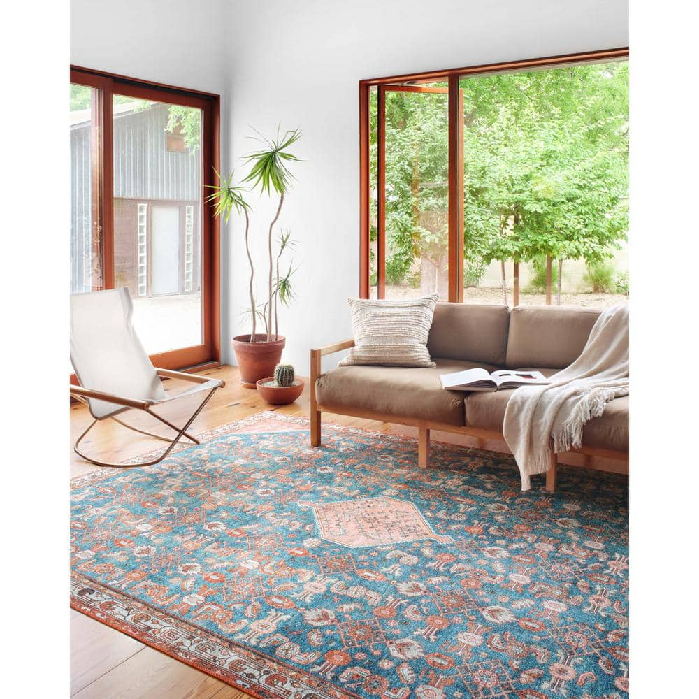 Blue and Clay Vintage Distressed Polyester Accent Rug