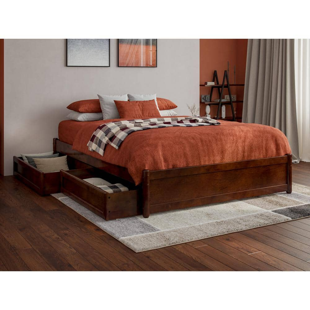 Barcelona Full Solid Wood Panel Platform Bed with Storage Drawers in Walnut