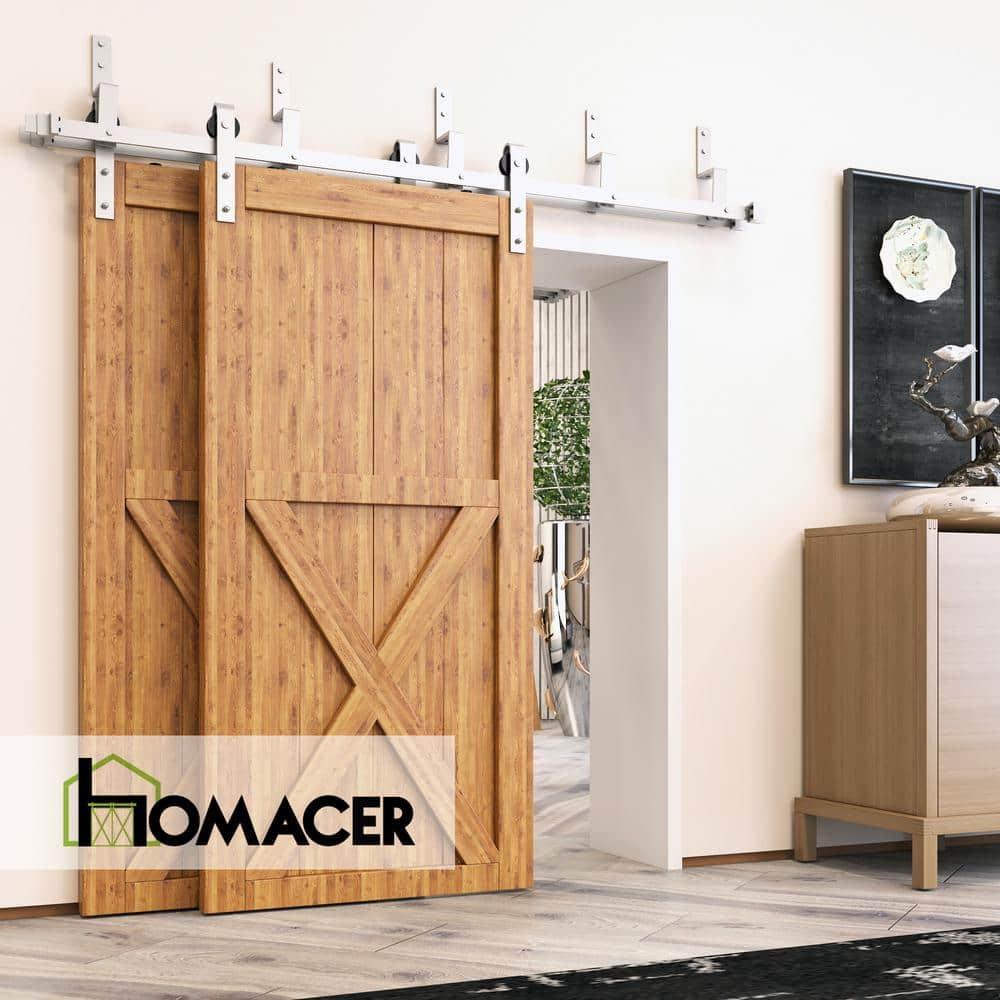 Homacer Brushed Nickel Double Track Z-Shape Bypass Sliding Barn Door Hardware Kit, for Two/Double Doors, 4ft Long Flat Track, Classic Design Roller, Heavy Duty, for Interior Use