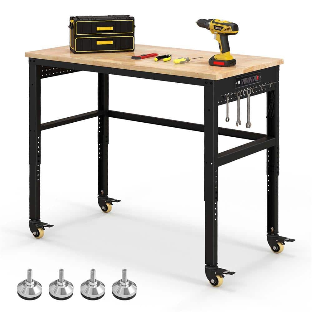 Costway 48" Adjustable Work Bench Heavy-Duty Steel Frame Worktable with Power Outlets