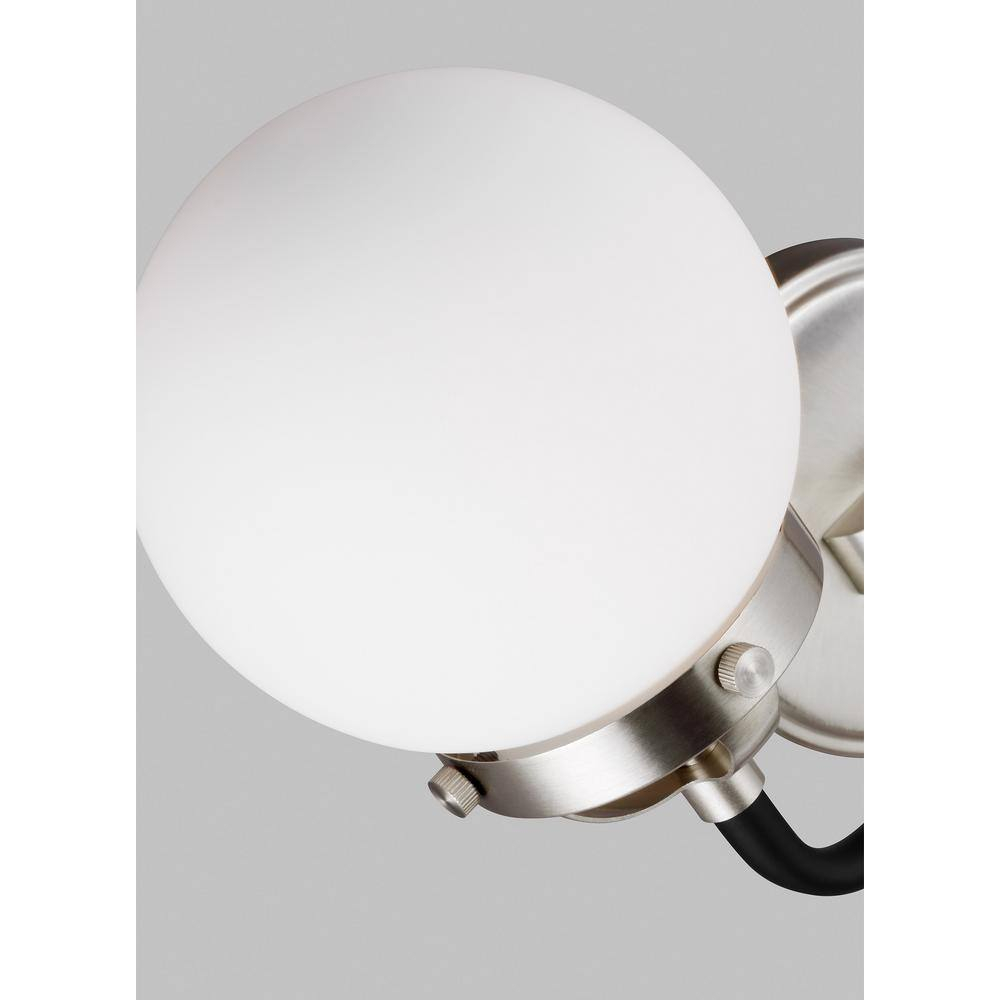 Cafe 14 in. W 2-Light Brushed Nickel Vanity Light with Etched/White Glass Shades and Matte Black Frame Accents