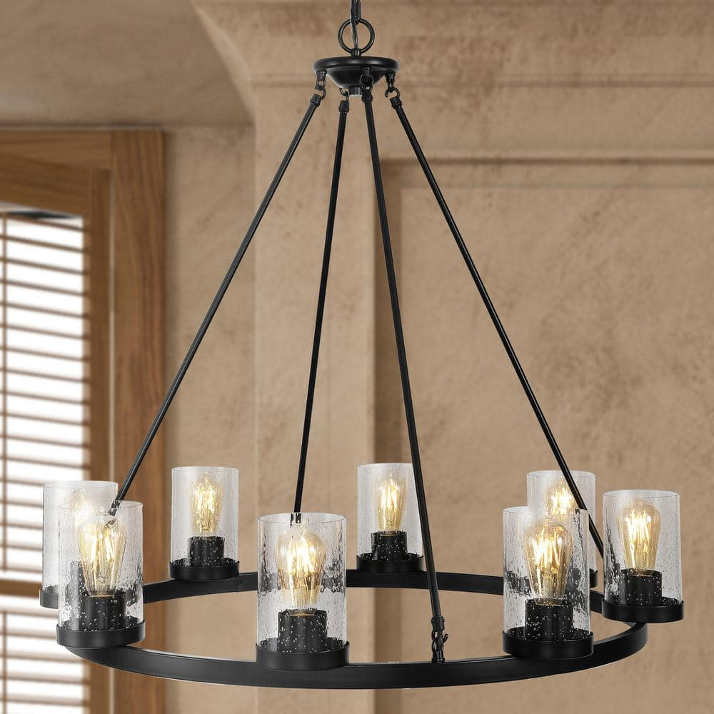 JONATHAN Y JYL7554A Coronet 33.5" 8-Light Iron/Seeded Glass Rustic Farmhouse Round LED Chandelier, Industrial, Vintage for living room, dinning room, bedroom Bulb Included, Oil Rubbed Bronze