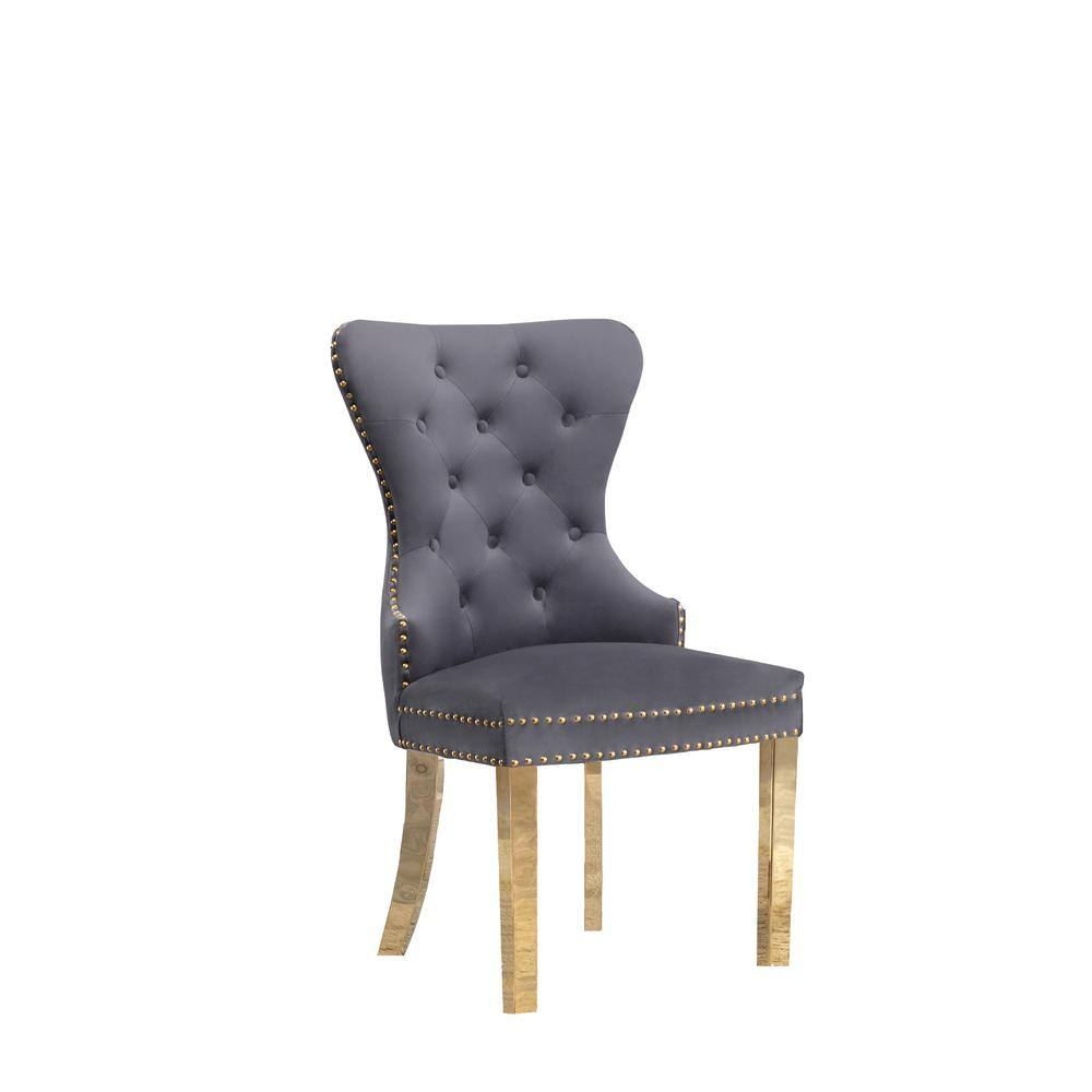 Double Tufted Gray Velvet Side Chairs with Gold Stainless Steel Legs