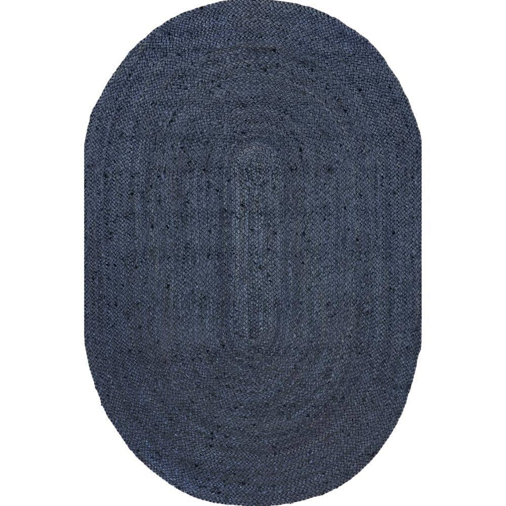 nuLOOM Rigo Hand Woven Farmhouse Jute Area Rug, Oval 4' x 6', Navy
