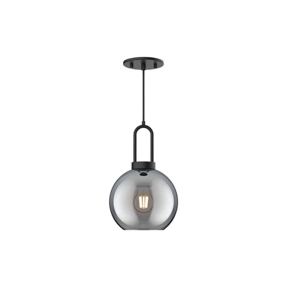 Soji 8 in. 1 Light 60-Watt Matte Black/Smoked Solid Glass Pendant Light