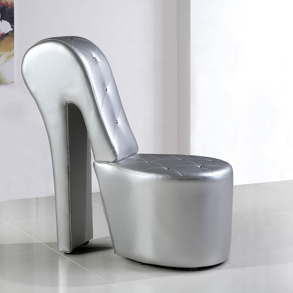 Best Master High Heel Faux Leather Crystal Studs Shoe Chair in Silver