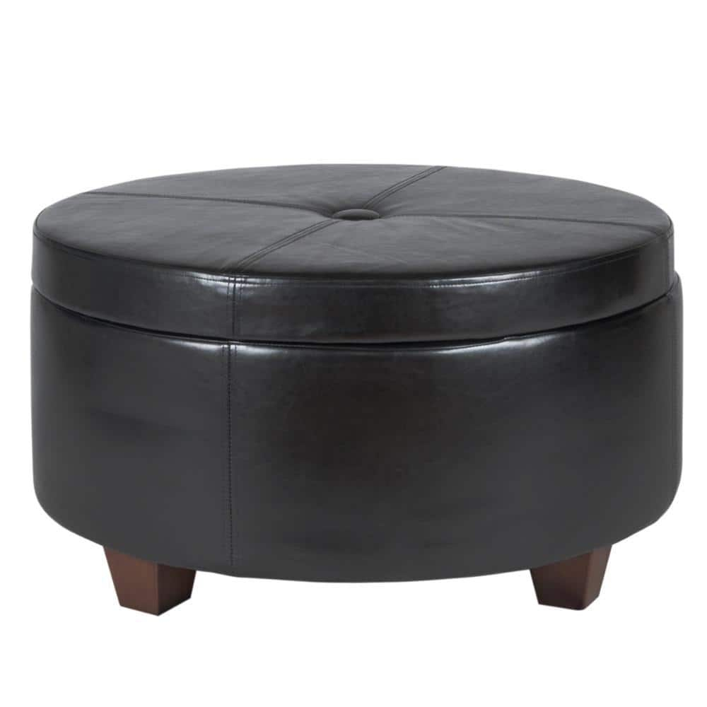 Leatherette Single Button Tufted Round Ottoman with Wooden Feet, Large, Black and Brown