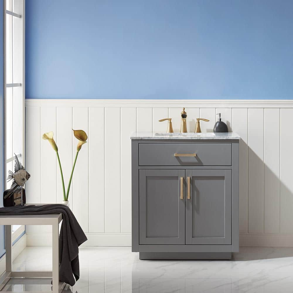 Ivy 30" Single Bathroom Vanity Set in Gray and Carrara White Marble Countertop without Mirror