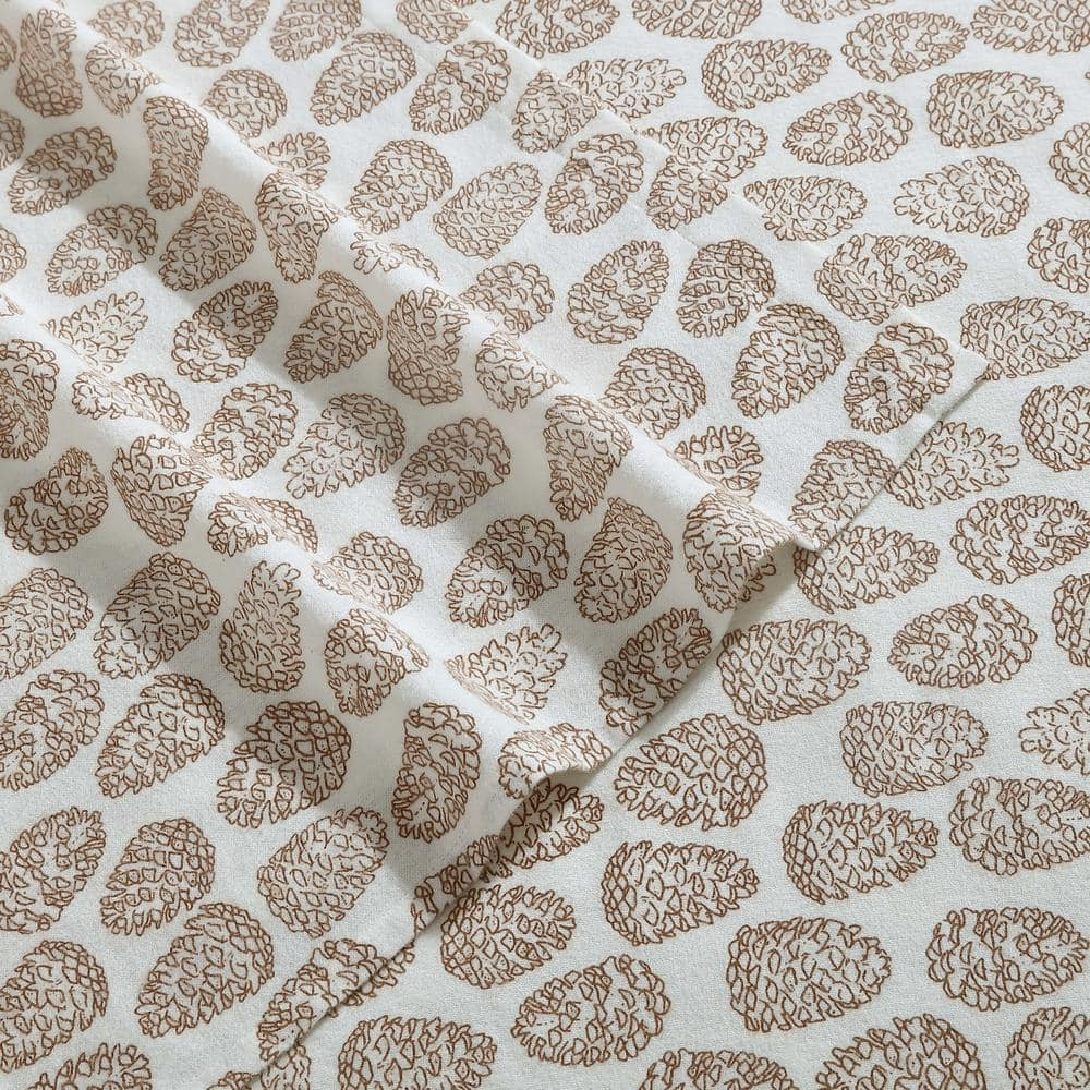 Beige Cotton Flannel Twin Sheet Set with Pine Cone Print