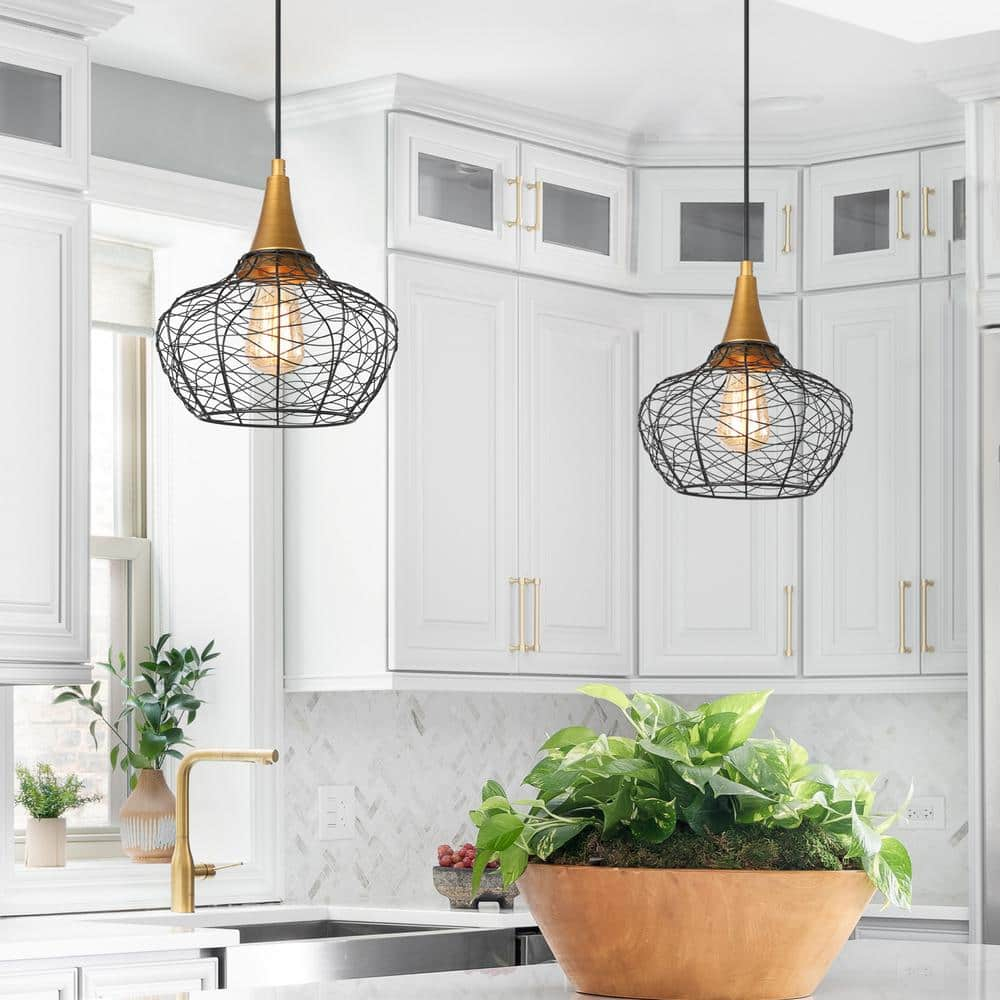 Modern Industrial Black and Brass Geometric Cage Pendant Light
