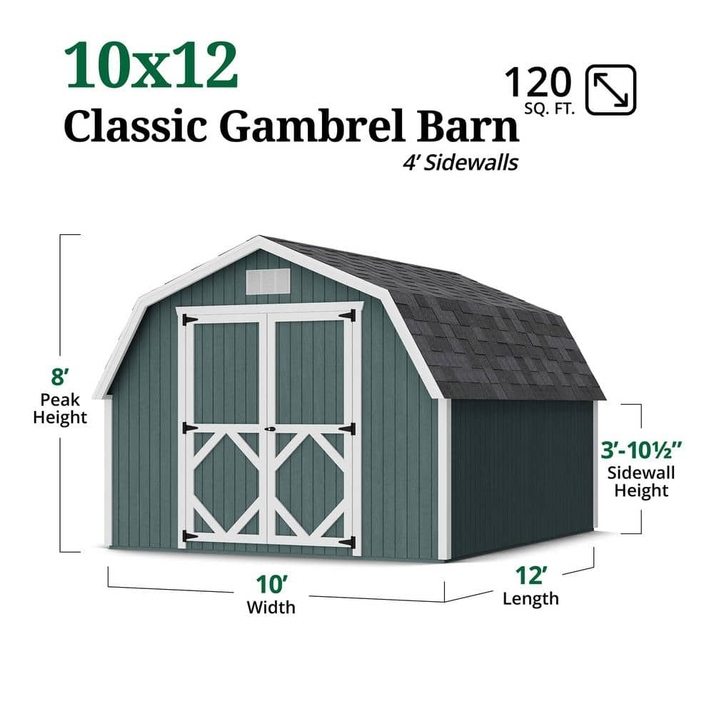 Little Cottage Co. 10x12 Classic Gambrel Barn with 4 ft. Sidewalls and Floor, Outdoor Wood Storage Shed Do-It-Yourself Precut Kit
