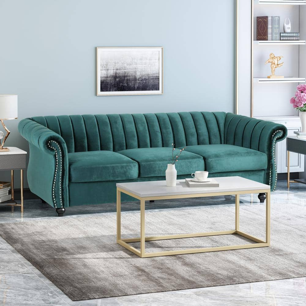 Noble House Fenix Velvet Channel Stitch 3 Seater Sofa, Teal
