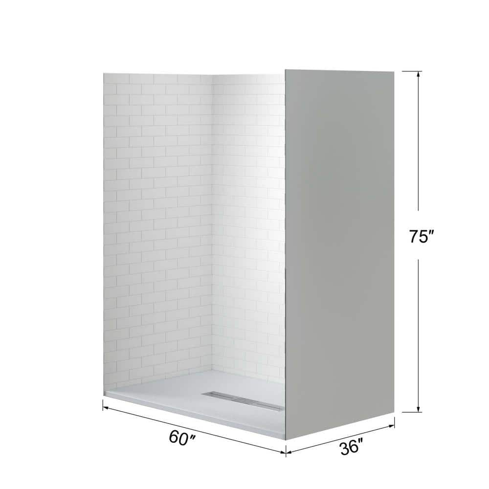 60 in. L x 36 in. W x 75 in. H 4-Pieces Alcove Shower Kit with Glue Up Shower Wall and Shower Pan in White/White-BN