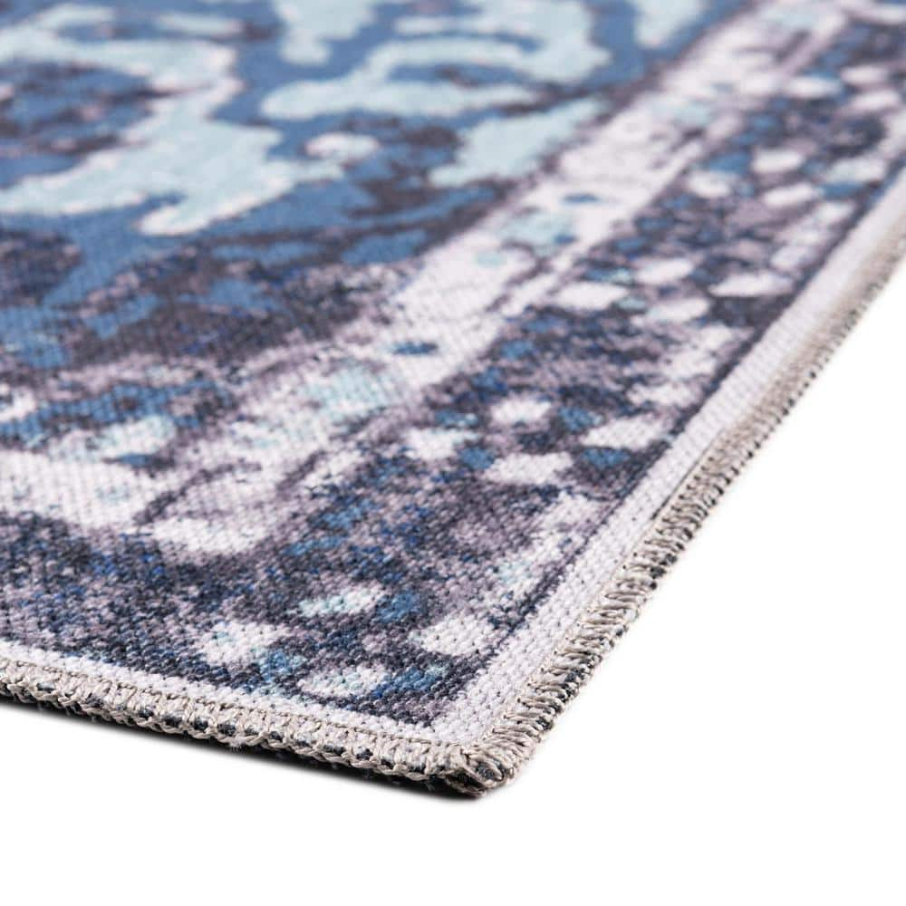 Navy Blue Medallion Synthetic Washable Square Rug