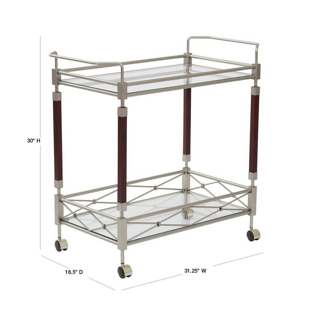 Melrose Serving Cart with Clear Tempered Glass and Nickel Brush Metal Frame