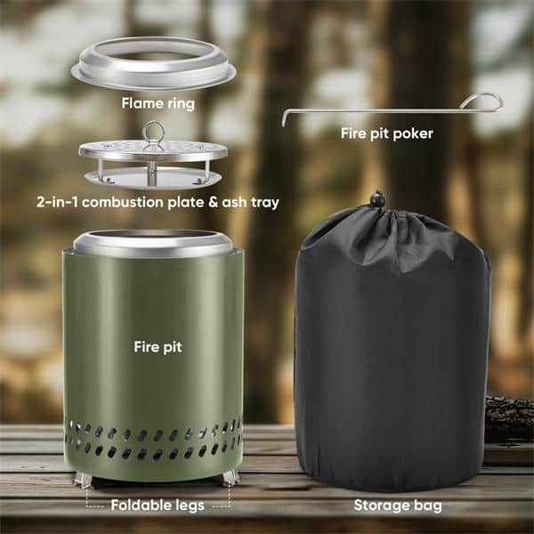 Smokeless Fire Pit 9.6 in. H Outdoor Portable Stainless Steel Tabletop Wood Burning Fire Pit with Storage Bag, Green