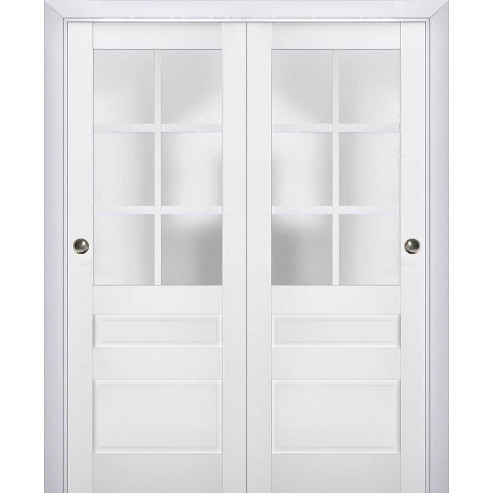Sliding Closet Bypass Doors with Frosted Glass | Veregio 7339 White Silk | Sturdy Rails Moldings Trims Hardware Set | Wood Solid Bedroom Wardrobe Doors -64" x 84" (2* 32x84)
