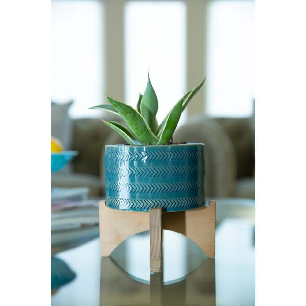 5' Arrow Ceramic Planter on Wood Stand,Glass Teal