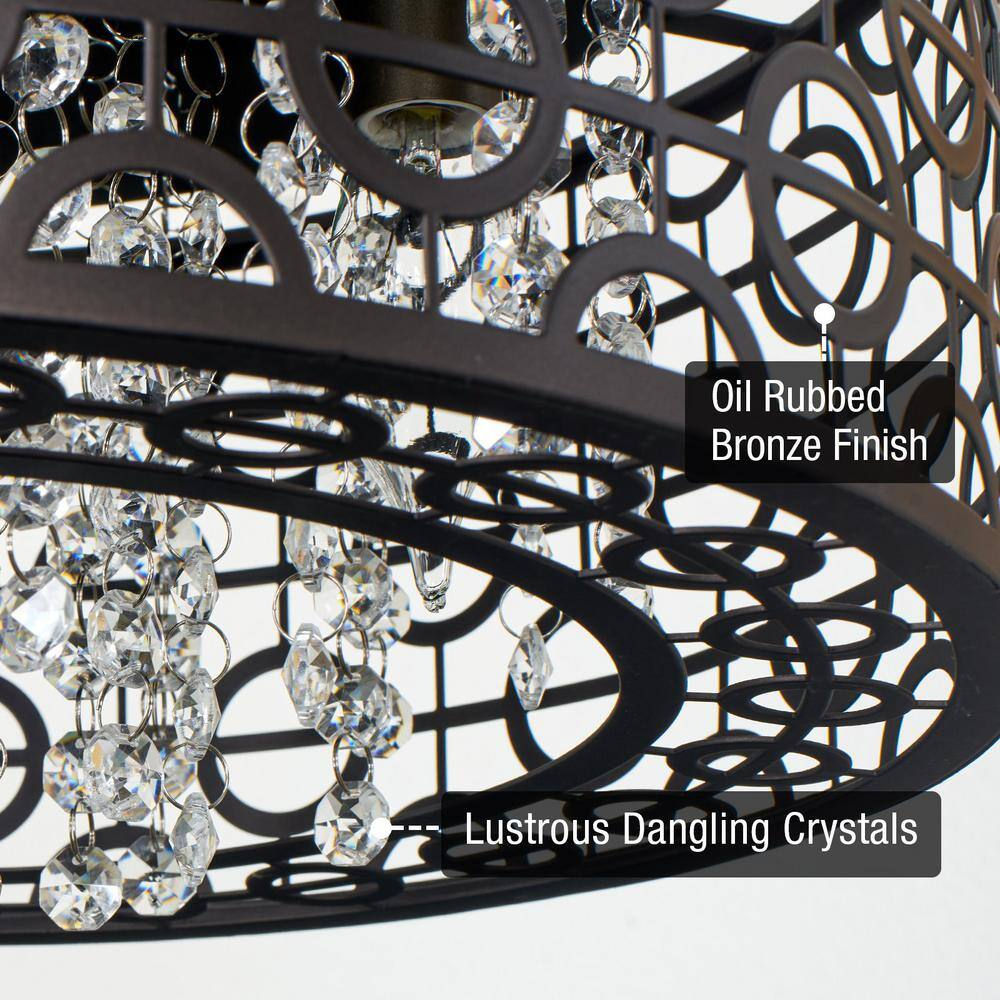 Kira Home Brielle 15" Chic 4-Light Crystal Flush Mount Chandelier + Round Metal Shade, Dimmable, Oil Rubbed Bronze