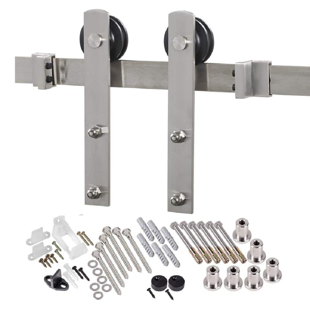 Expressions 96 in. Brushed Stainless Steel Bent Strap Sliding Barn Door Hardware and Track Kit