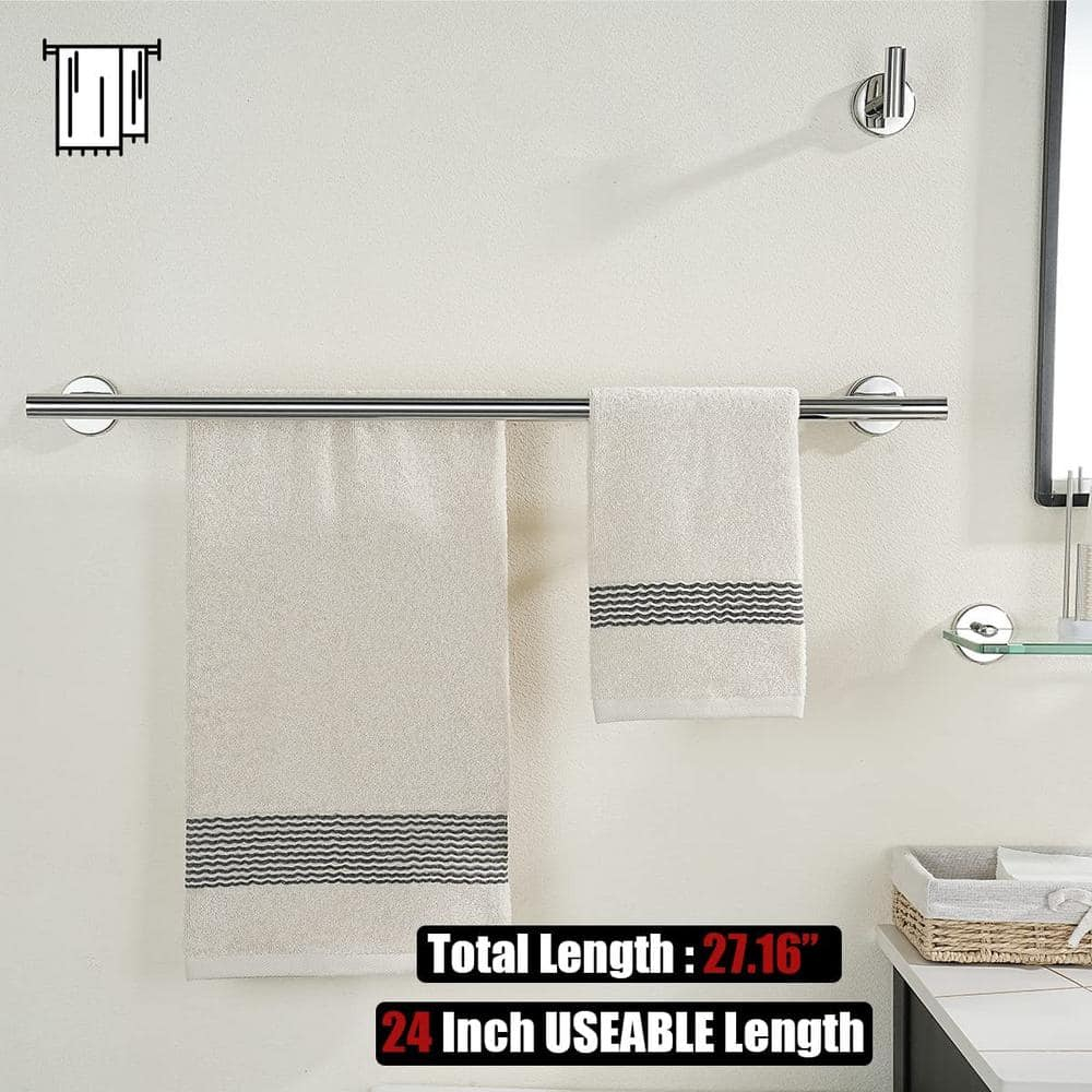 JQK Chrome Towel Bar, 24 Inch 304 Stainless Steel Thicken 0.8mm Double Bath Towel Rack for Bathroom, Towel Holder Polished Chrome Wall Mount, Total Length 27.16 Inch, TB100L24-CH