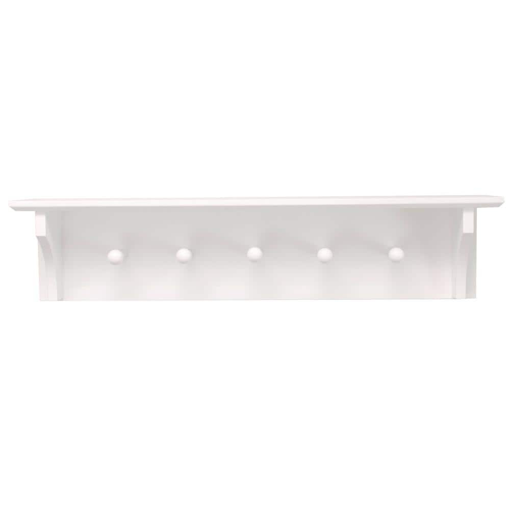 Kiera Grace Foster Floating Shelves Modern Wall Mounted Hanging Shelf Coat Rack with 5 Pegs, Office, 24", White, 1Pack, 24 x 4.5 x 5.5 inches