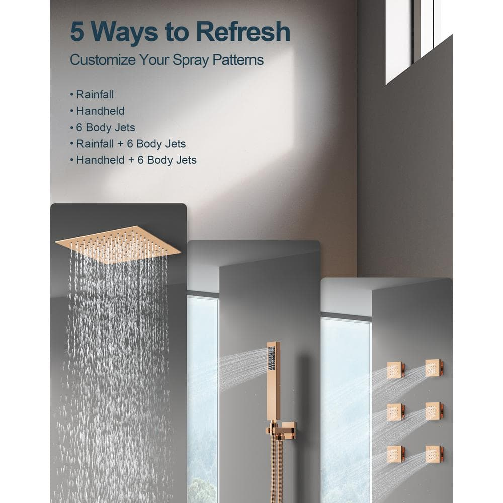 GRANDJOY RGB LED 5-Spray Shower System Ceiling Mount 12 in. Fixed and Handheld Shower Head Shower Faucet Set Thermostatic Valve Kit Rose Gold