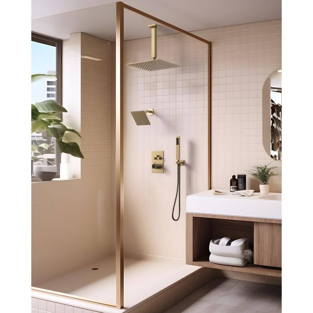 GRANDJOY Dual Wall Mount Rainfall Shower Head System Adjustable 12 inch & 6 inch Shower Faucet Set with Handheld Shower Spray Thermostatic Pressure Balance Value, Brushed Gold