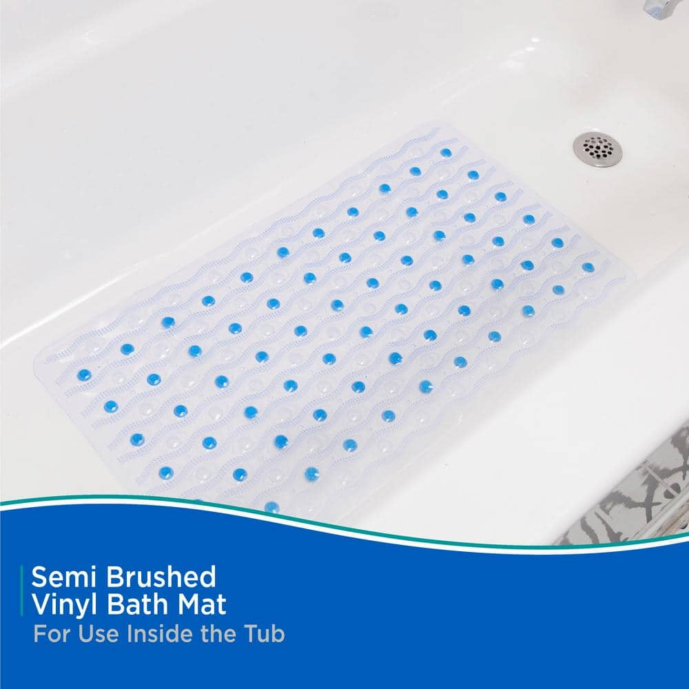 Kenney® Inside the Shower Vinyl Semi-Brushed Bath Mat with Suction Cups and Drain Holes, 27.5" L x 15.5" W, Clear and Blue
