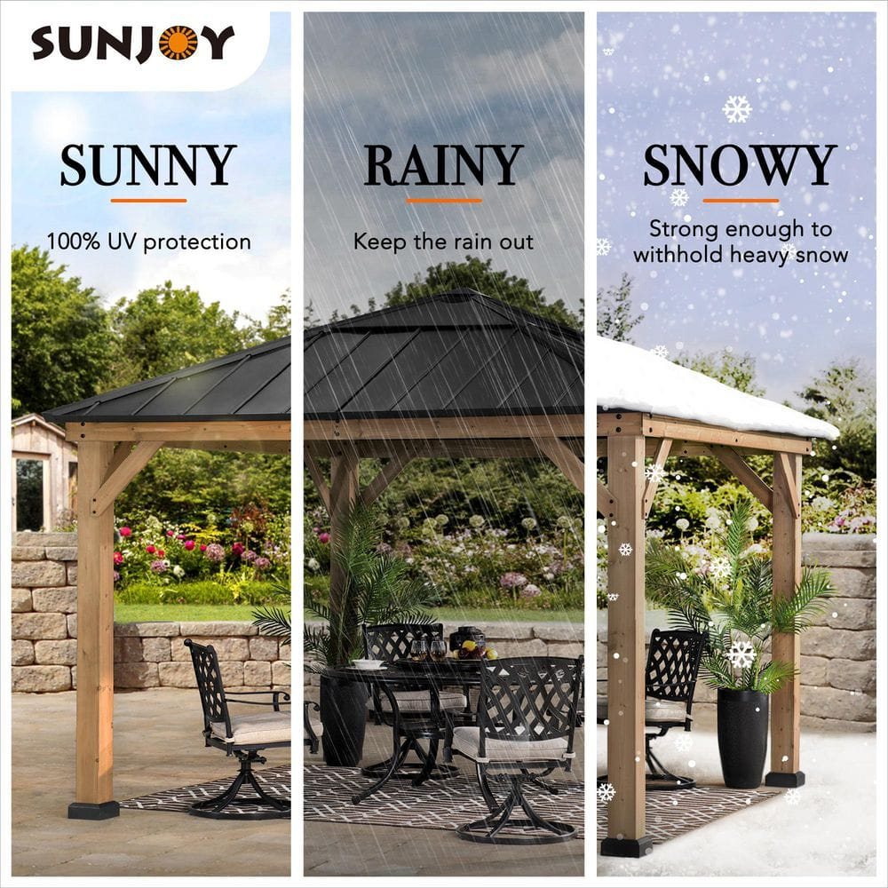 Sunjoy Paula Outdoor Patio 11 ft. x 11 ft. Cedar Framed Gazebo with Black Steel and Polycarbonate Hip Roof Hardtop